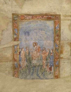 A framed miniature painting from a medieval manuscript depicts a central figure, possibly Jesus, enthroned and surrounded by a group of people. The central figure has long brown hair and a beard and wears an orange robe. The background features a stylized bluish-gray landscape or sky. The frame has a decorative border with geometric patterns in orange, pink, and gold. The overall style suggests a religious scene, possibly a sermon or teaching.