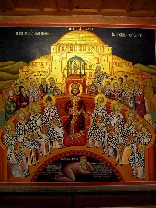 Icon from the Mégalo Metéoron Monastery in Greece, representing the First Ecumenical Council of Nikea 325 A.D., with the condemned Arius in the bottom of the icon.