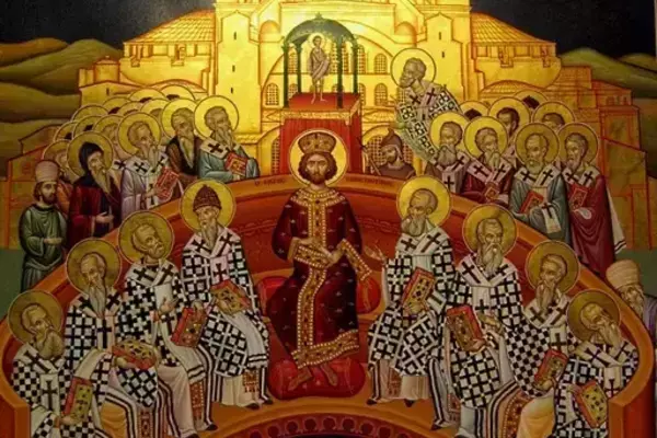 Icon from the Mégalo Metéoron Monastery in Greece, representing the First Ecumenical Council of Nikea 325 A.D., with the condemned Arius in the bottom of the icon.